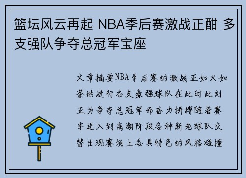 篮坛风云再起 NBA季后赛激战正酣 多支强队争夺总冠军宝座