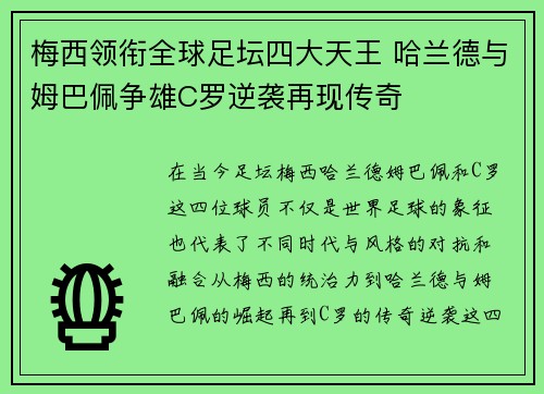梅西领衔全球足坛四大天王 哈兰德与姆巴佩争雄C罗逆袭再现传奇 梅西领衔全球足坛四大天王 哈兰德与姆巴佩争雄C罗逆袭再现传奇